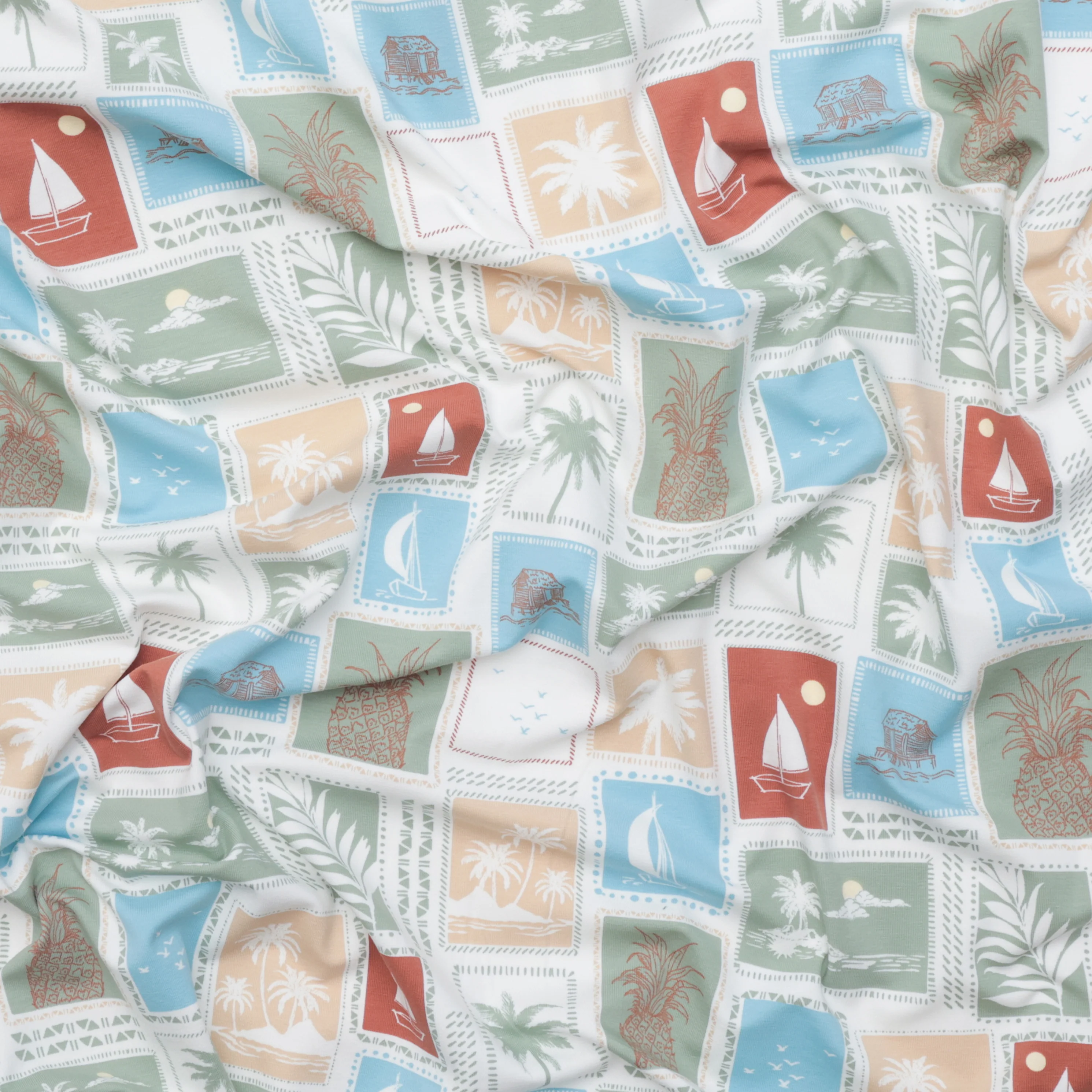 Cotton - Printed Jersey - Tropical Stamps Sage