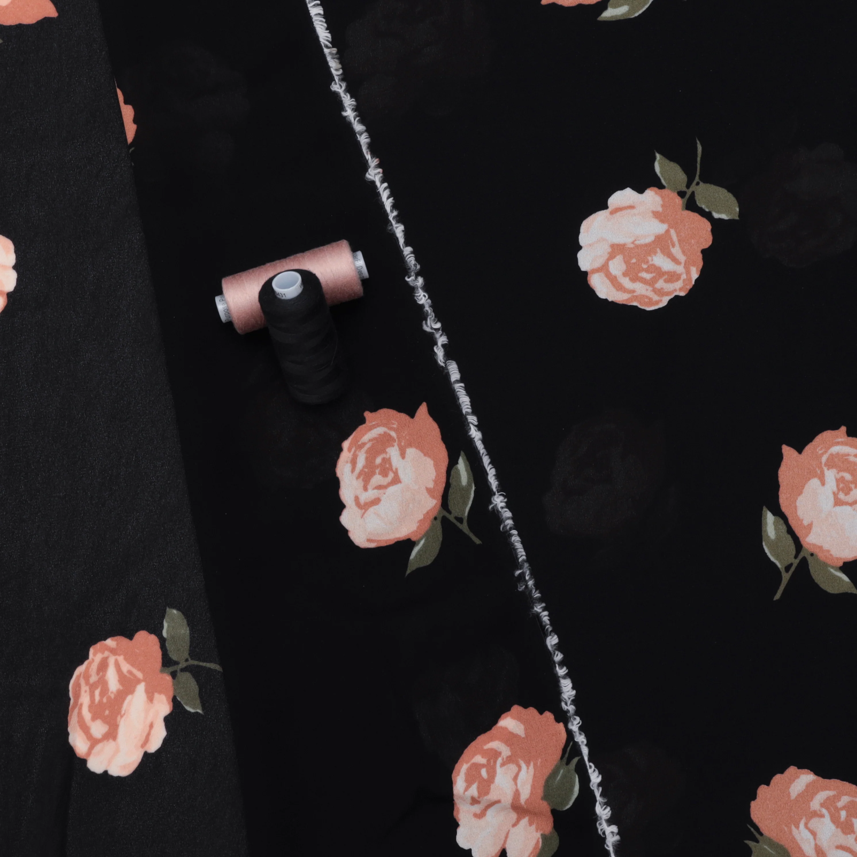 Rayon - Georgette - Roses - Black Olive Peach - Image 3