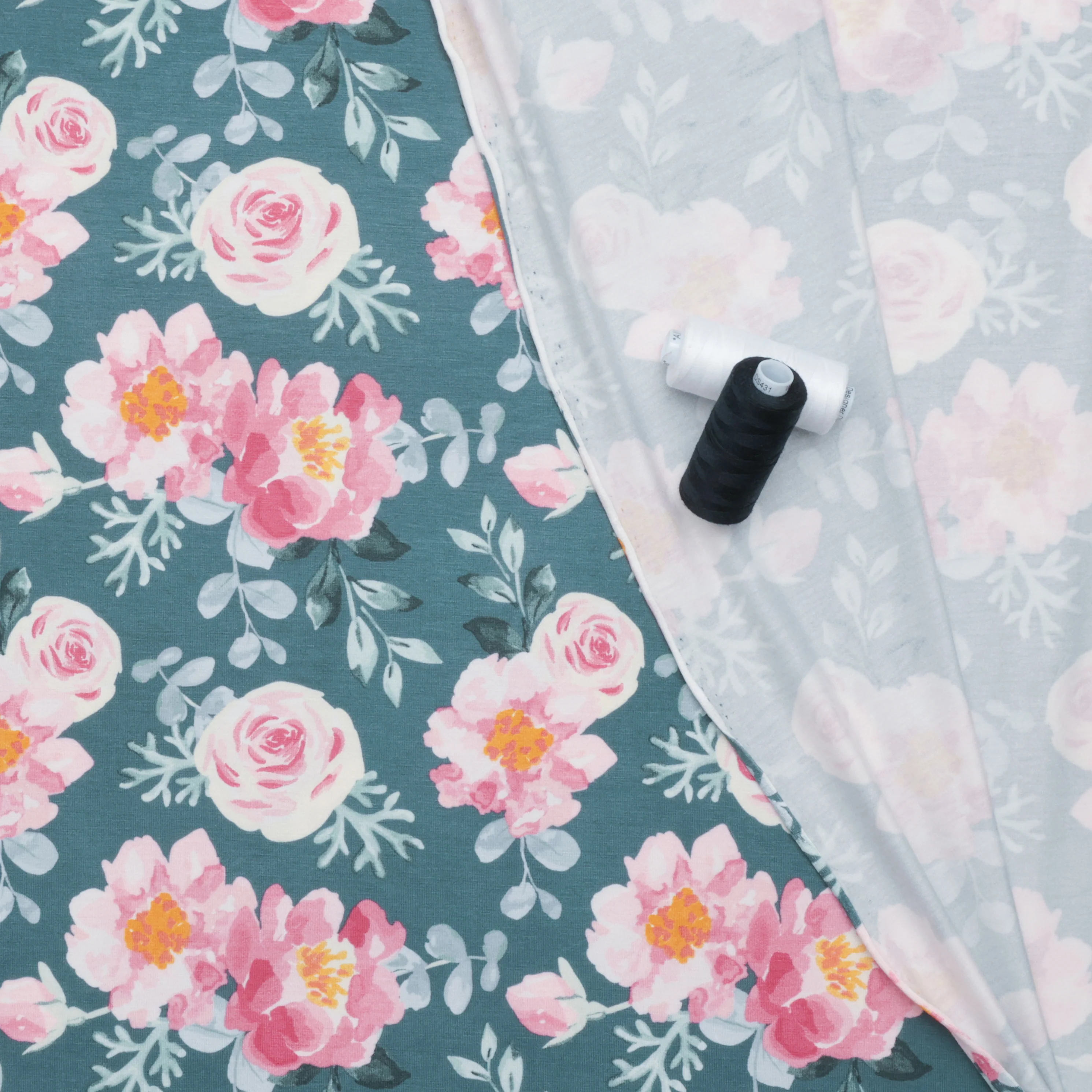 Rayon - Jersey - Roses - Green Pink - Image 3